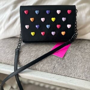 Betsy Johnson Colorful Heart-Embellished Black Crossbody Bag